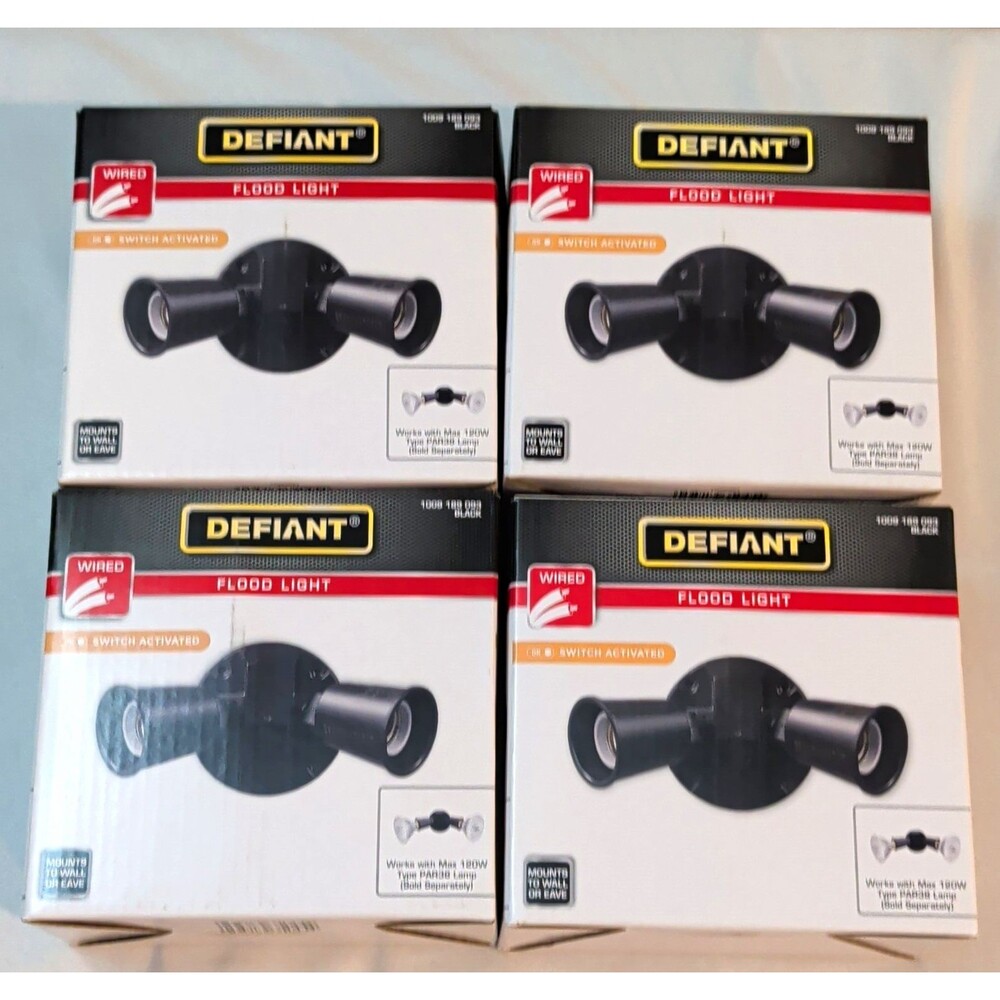 Lot of 4 Defiant 2-Head Outdoor Security Flood Light Black Wired NIB 1009189093